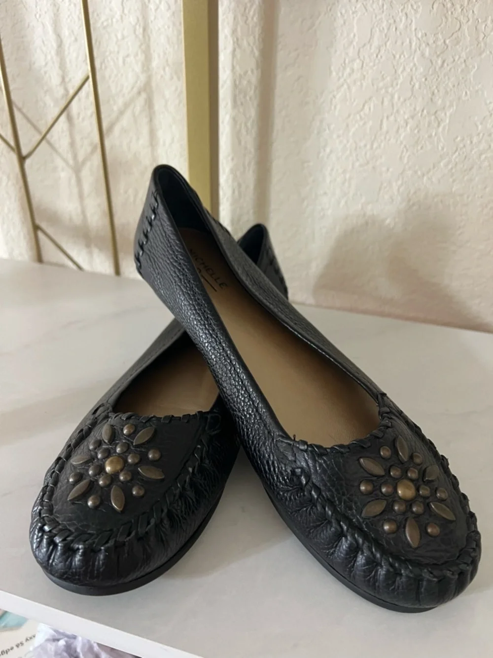 NEW Michele D Black Leather Stud Flower Moccasin Flats